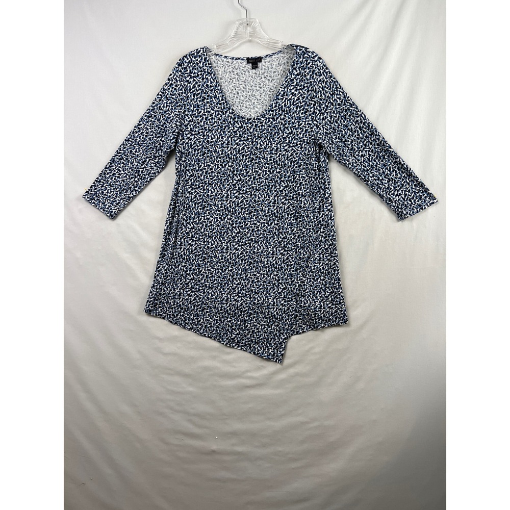 J.Jill Tunic Top Women Small Blue Geometric Wearever Asymmetrical V-Neck 3/4 Slv